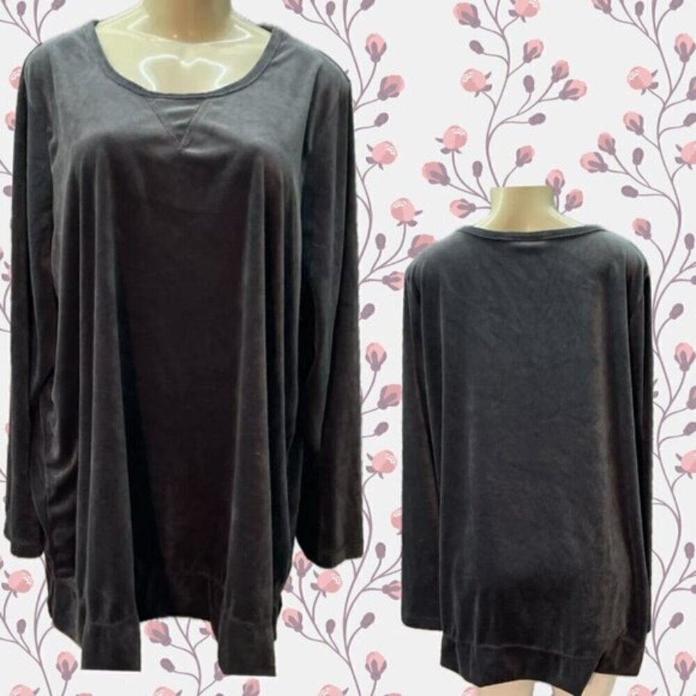 Woman Within +22/24 Gray Velour Crew Banded Hem Drop Shoulder Long Sleeve Top